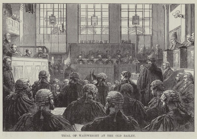 Proces van Wainwright in de Old Bailey (gravure) door English School