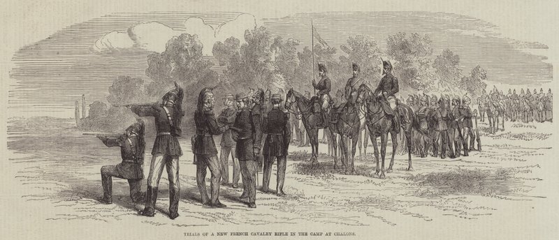 Proeven van een nieuw Frans cavaleriegeweer in het kamp van Chalons (gravure) door English School