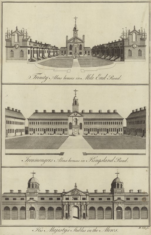 Trinity Almshouses in Mile End Road, Ironmongers Almshouses in Kingsland Road en de stallen van Zijne Majesteit in de Mews, Londen door English School