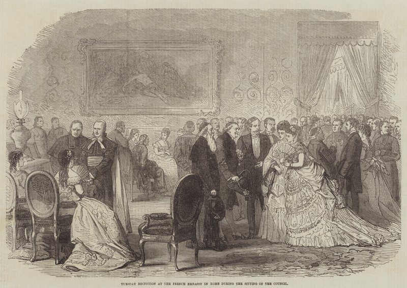 Dinsdagreceptie in de Franse Ambassade in Rome tijdens de Zitting van de Raad (gravure) door English School