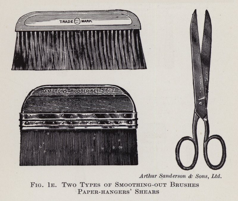 Twee Soorten Strijkborstels, Behangscharen (litho) door English School