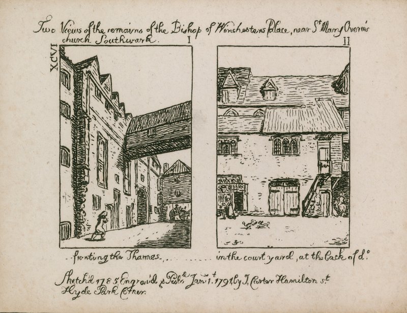 Twee uitzichten op de restanten van het paleis van de bisschop van Winchester door English School