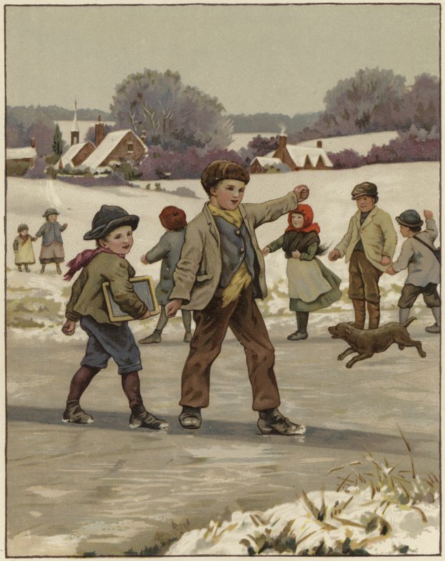 Twee jonge jongens schaatsen op een bevroren meer door English School