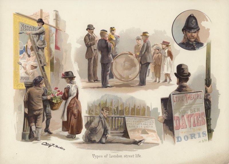 Typen van het Londense straatleven: plakkaatdrager, bloemenverkoper, muzikanten, bedelaar, sandwichman, politieagent (chromolitho) door English School
