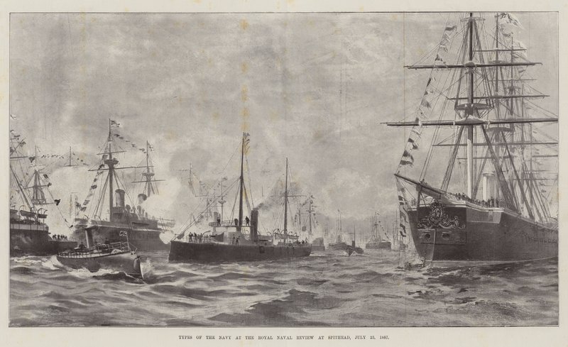 Typen van de Marine bij de Koninklijke Marine Review in Spithead, 23 juli 1887 door English School