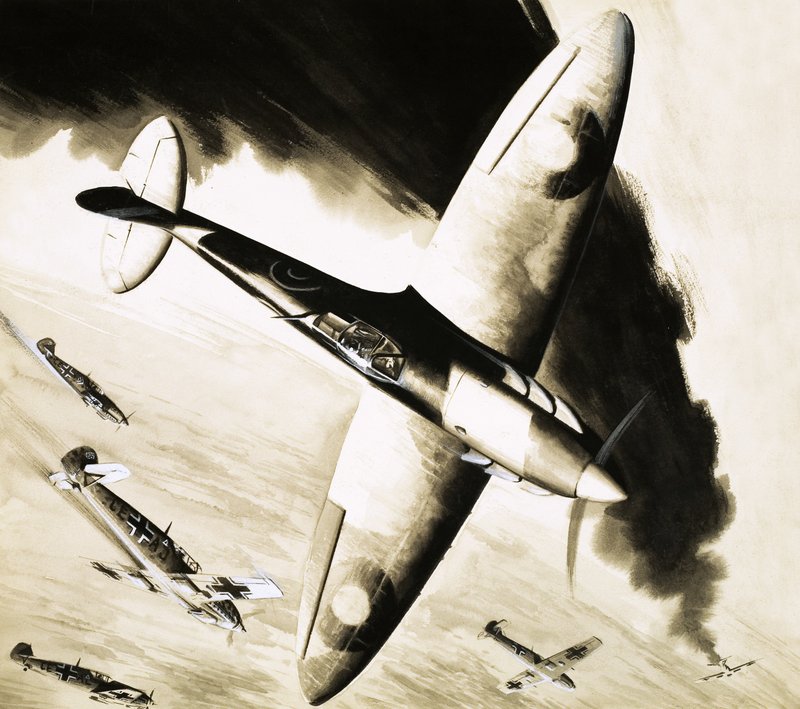 Ongeïdentificeerde Spitfire in luchtgevecht met Duitse jagers door English School