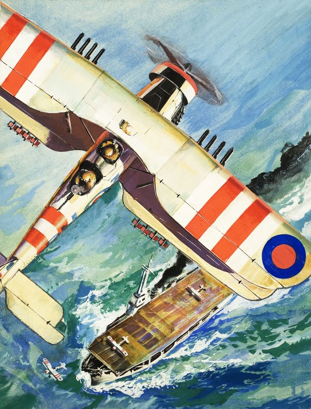 Ongeïdentificeerd tweedekkervliegtuig vliegend over een vliegdekschip door English School