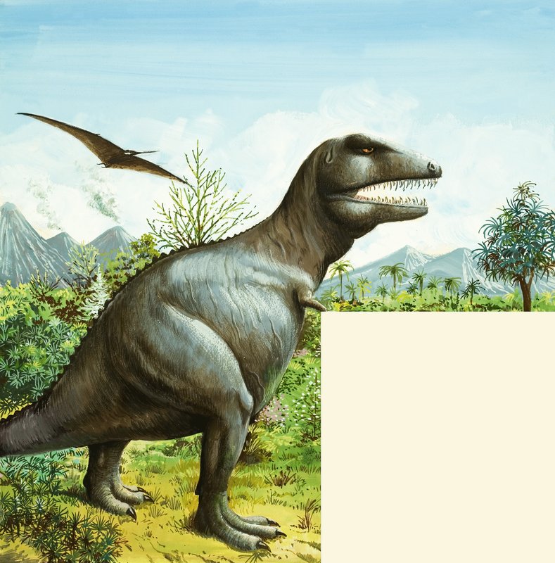 Ongeïdentificeerde dinosaurus scène met T Rex en Pterodactylus door English School
