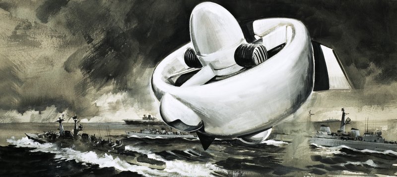 Ongeïdentificeerd vliegend toestel stijgt op boven schepen op zee (WW2-tijdperk) door English School