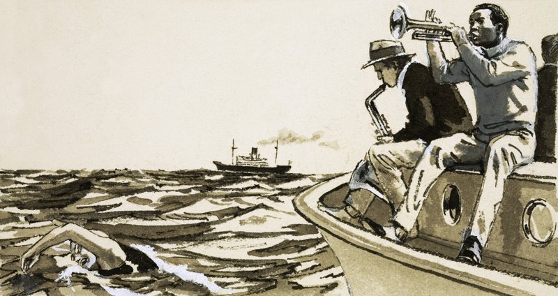Ongeïdentificeerde jazzspelers op een boot door English School
