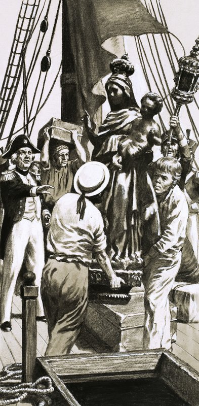 Ongeïdentificeerd zeilschip scène van het laden van vracht door English School