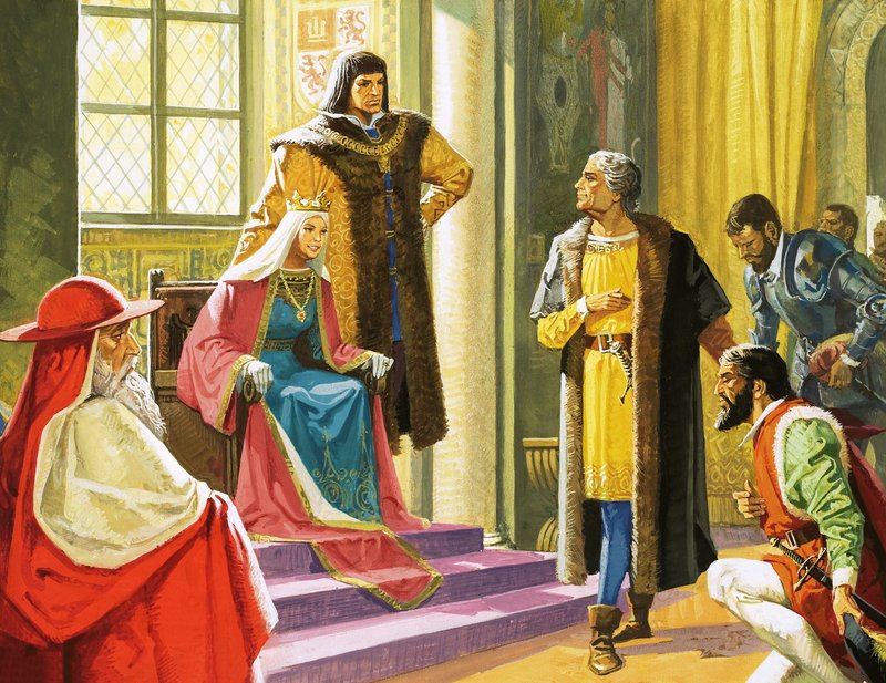 Ongeïdentificeerde scène met een man die knielt voor de koningin en haar hovelingen door English School
