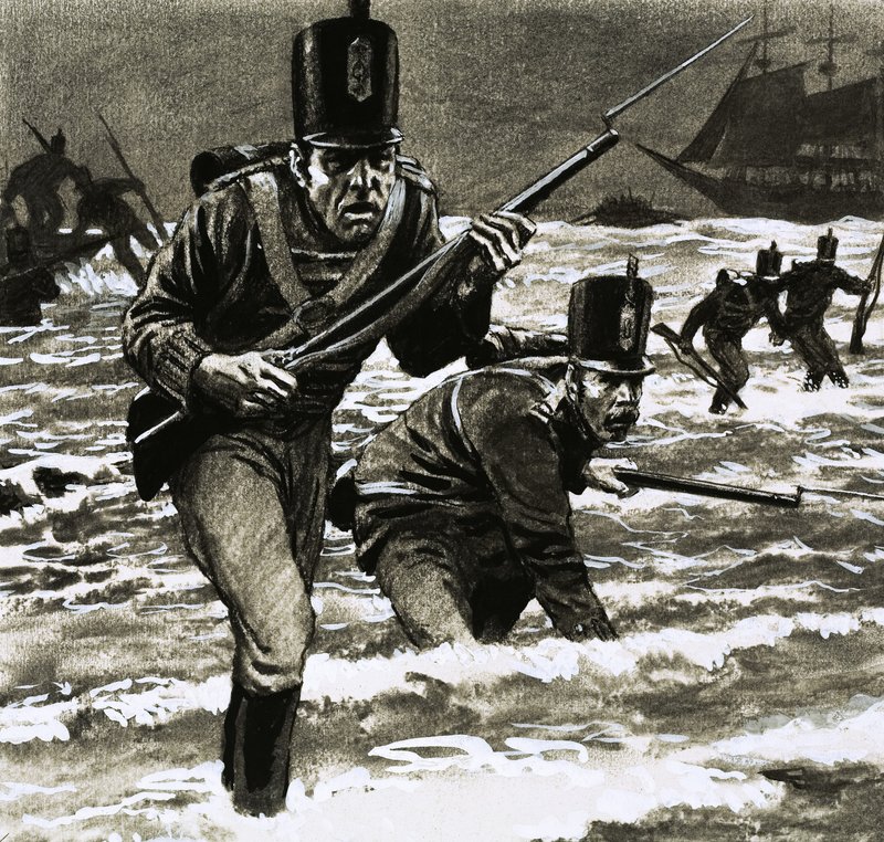 Ongeïdentificeerde soldaten landen op het strand door English School