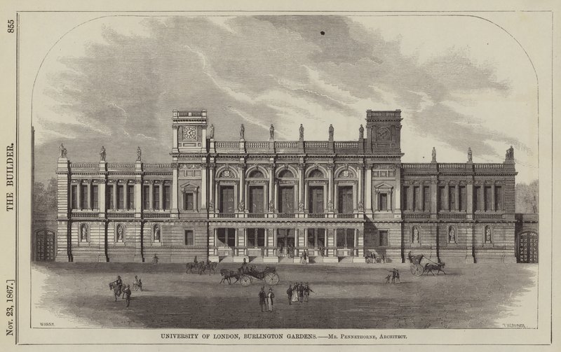 Universiteit van Londen, Burlington Gardens, Mr Pennethorne, Architect (gravure) door English School
