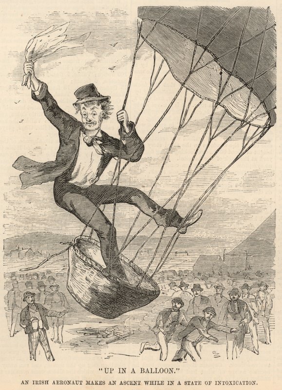 In een luchtballon; Een Ierse luchtvaarder stijgt op in een staat van dronkenschap door English School
