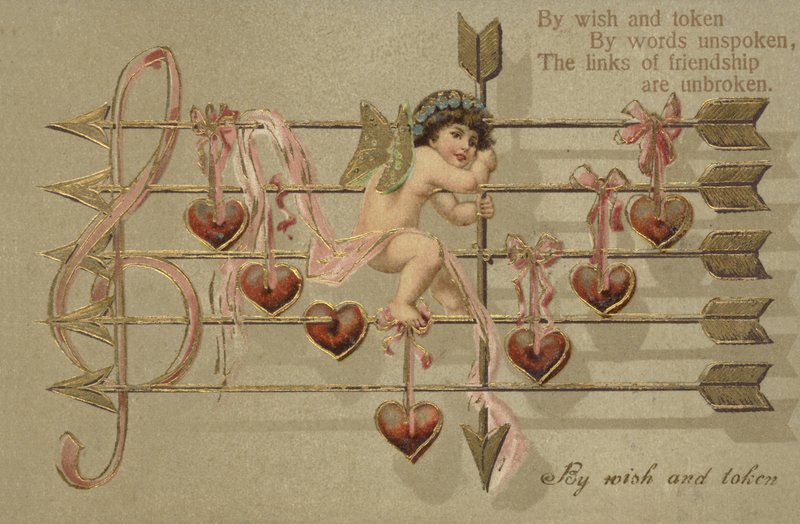 Valentijnskaart met Cupido, pijl en muzieknoten door English School