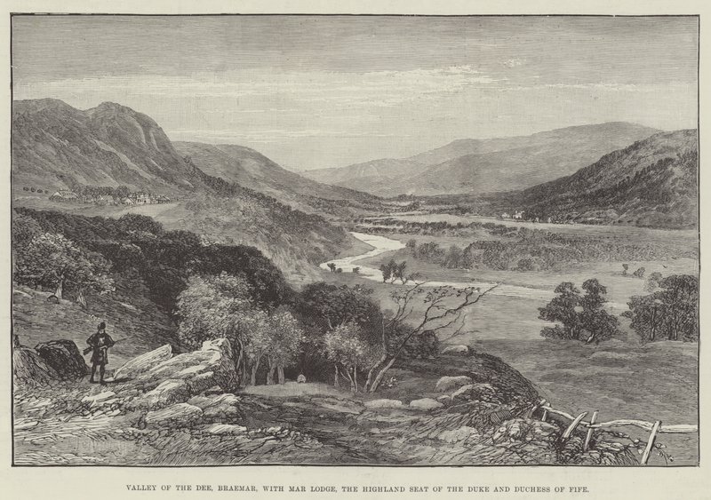 Vallei van de Dee, Braemar, met Mar Lodge, de Hooglandse zetel van de hertog en hertogin van Fife (gravure) door English School