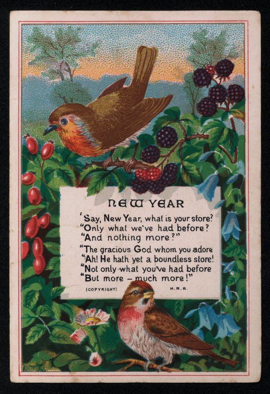 Vers, bessen en vogels, nieuwjaarswenskaart door English School
