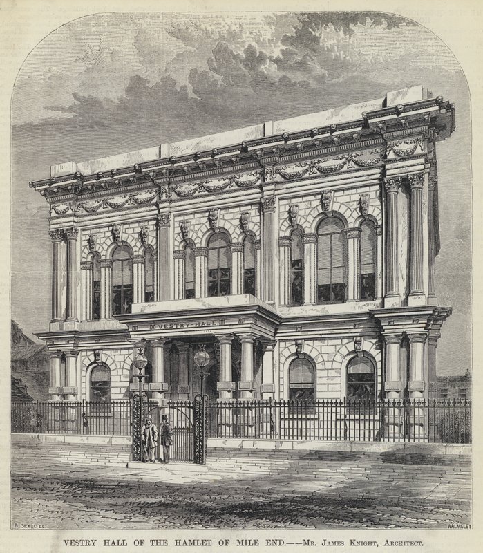 Vestry Hall van het Gehucht Mile End (gravure) door English School