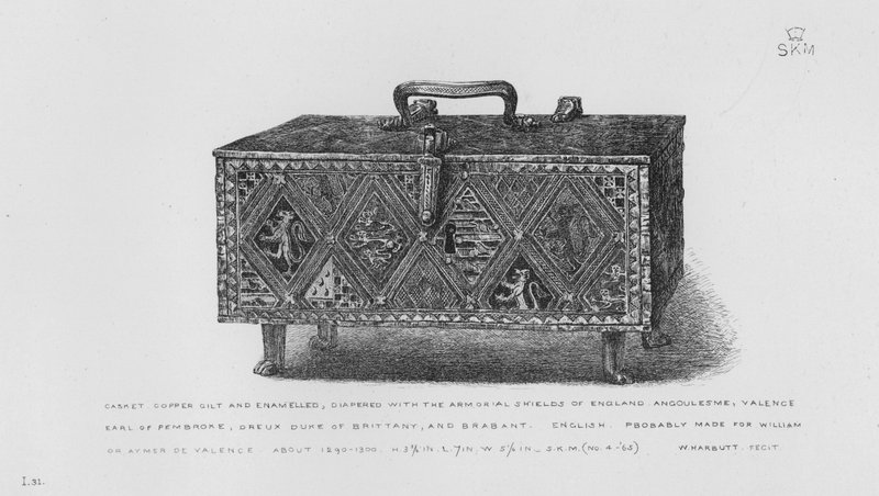 Victoria en Albert Museum: Kist, verguld koper en geëmailleerd, met de wapenschilden van Engeland, Angoulême, Valence, Graaf van Pembroke, Dreux Hertog van Bretagne, en Brabant, Engels, waarschijnlijk gemaakt voor William of Aymer de Valence, circa 1290-13 door English School