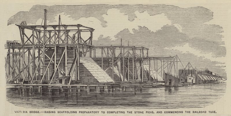 Victoria Bridge, steigerwerk ter voorbereiding van de voltooiing van de stenen pijlers en het begin van de spoorbuis (gravure) door English School