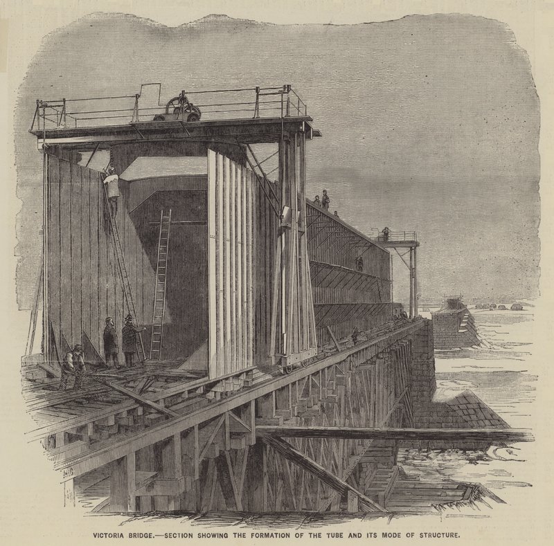 Victoria Bridge, doorsnede van de vorming van de buis en de structuur (gravure) door English School