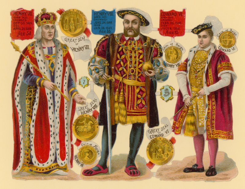 Victoriaanse prent: Koning Hendrik VII, Koning Hendrik VIII, Koning Edward VI door English School