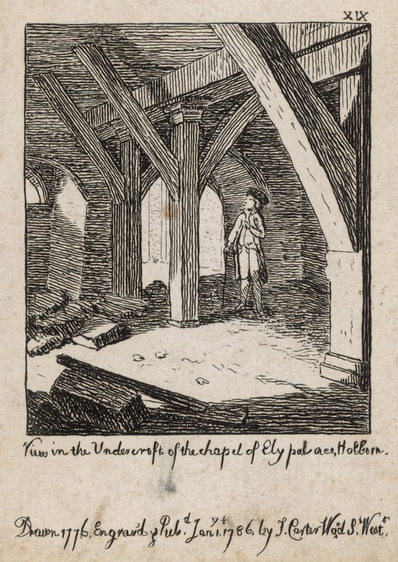 Uitzicht in de onderbouw van de kapel van Ely Palace, Holborn door English School