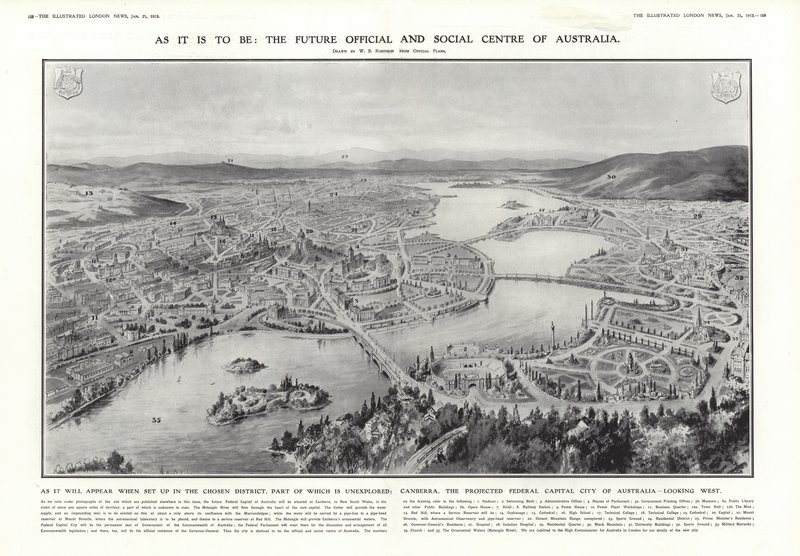 Uitzicht op Canberra, voorgestelde federale hoofdstad van Australië, 1913 door English School