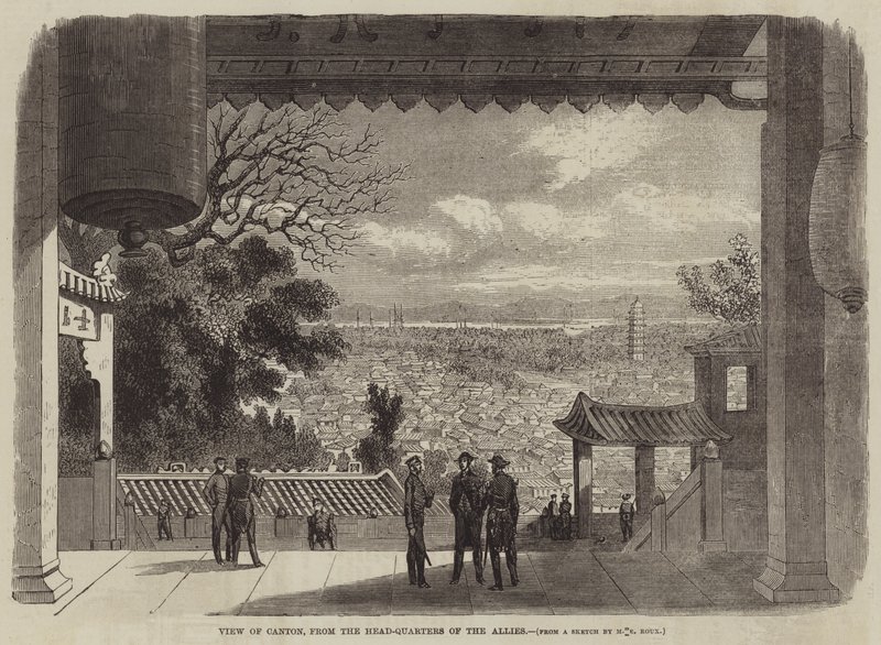 Uitzicht op Canton, vanaf het hoofdkwartier van de bondgenoten (gravure) door English School
