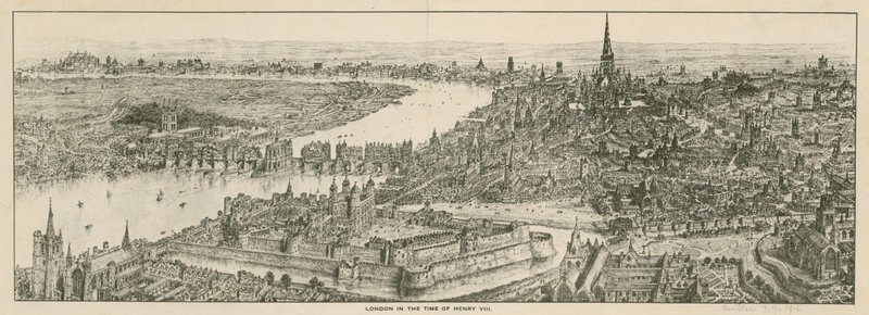 Uitzicht op Londen in de tijd van koning Hendrik VIII door English School