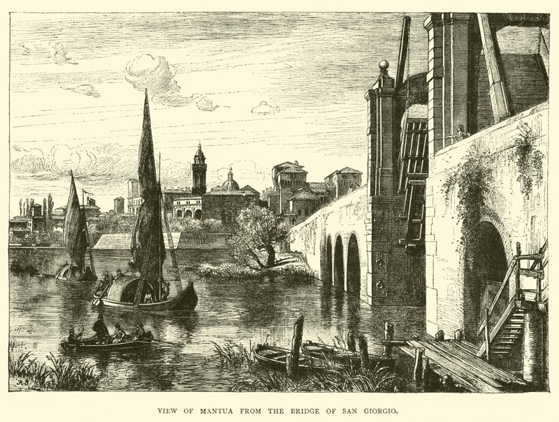 Uitzicht op Mantua vanaf de brug van San Giorgio door English School