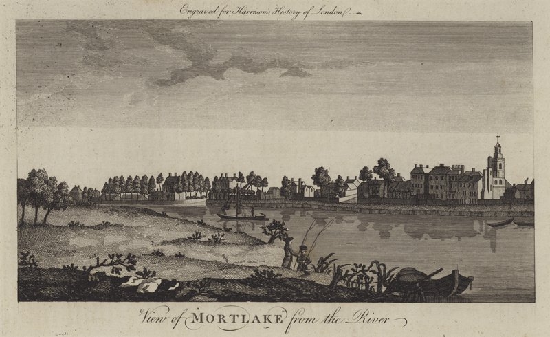 Uitzicht op Mortlake vanaf de rivier de Theems door English School