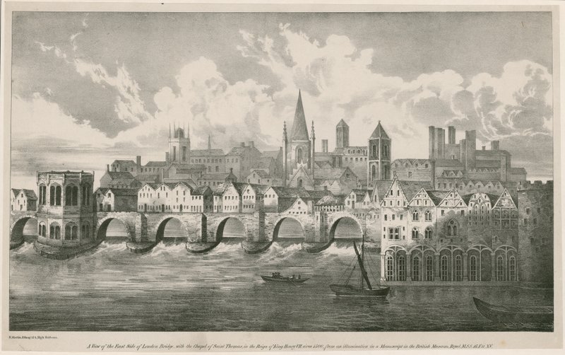 Uitzicht op de oude London Bridge zoals in het bewind van koning Hendrik VII, circa 1500 door English School