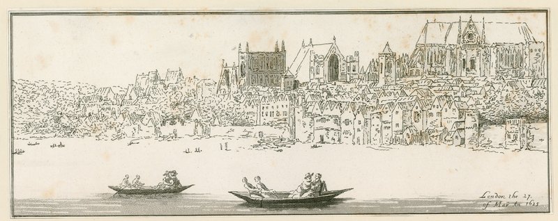 Uitzicht op Westminster Palace, Londen, op 27 maart 1652 door English School
