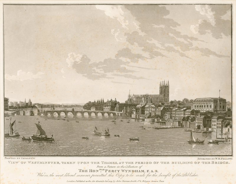 Uitzicht op Westminster, tijdens de bouw van de brug door English School