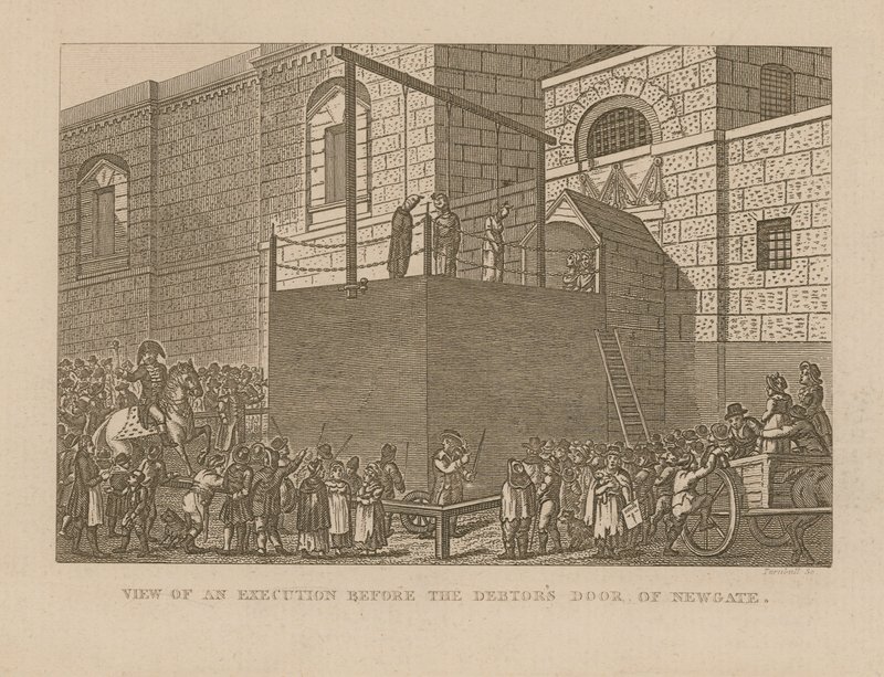 Uitzicht op een executie voor de schuldenaarsdeur van Newgate door English School