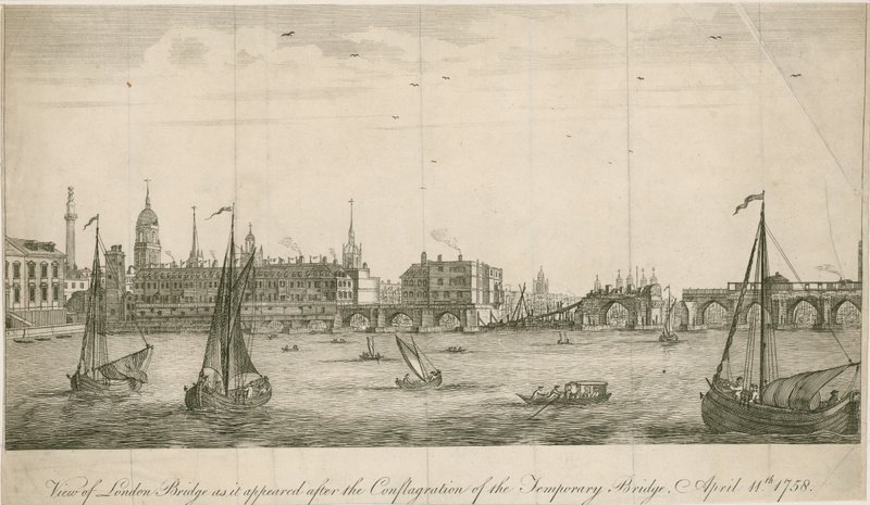 Uitzicht op oude London Bridge zoals het verscheen na de brand van 1758 door English School