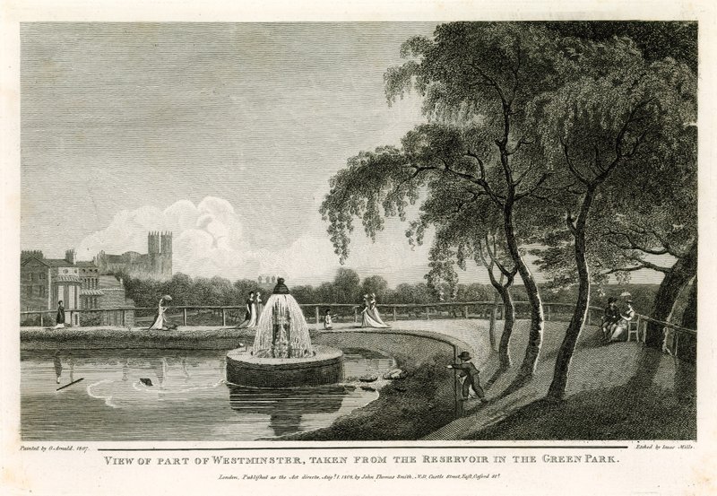 Uitzicht op een deel van Westminster, genomen vanaf het reservoir in het Green Park door English School