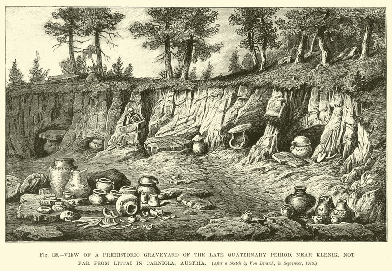 Uitzicht op een prehistorische begraafplaats uit het Laat-Kwartair, nabij Klenik, niet ver van Littai in Carniola, Oostenrijk door English School