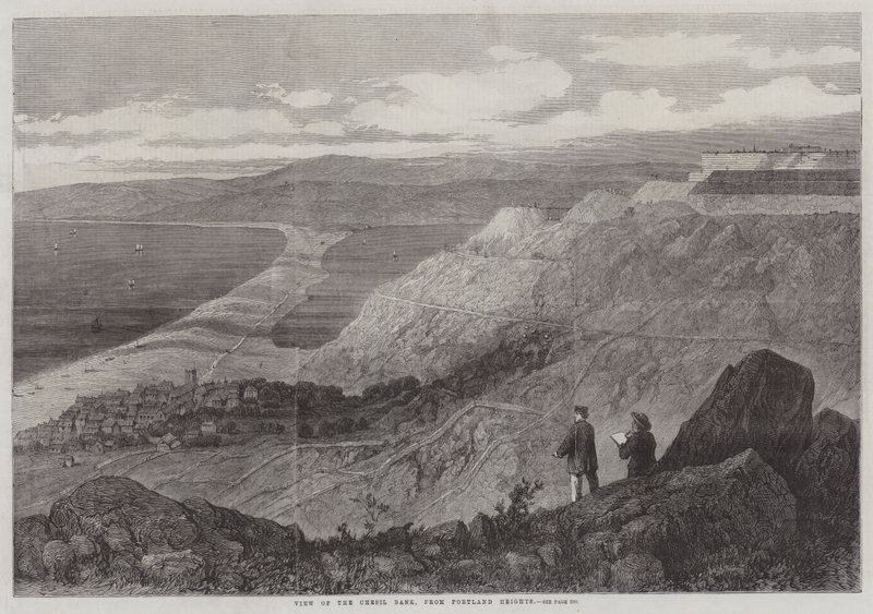 Uitzicht op de Chesil Bank, vanaf Portland Heights door English School