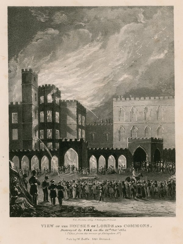 Uitzicht op de Huizen van Lords en Commons, vernietigd door brand op 16 oktober 1834 door English School