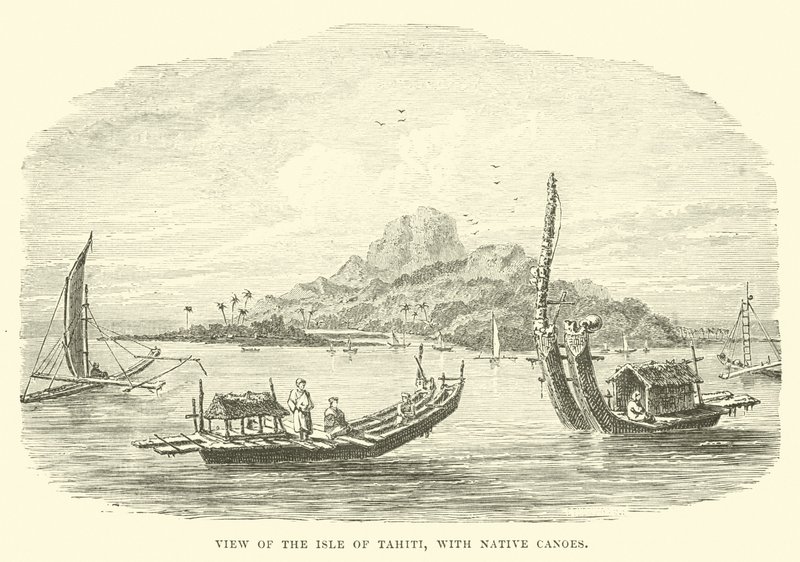 Uitzicht op het eiland Tahiti, met inheemse kano