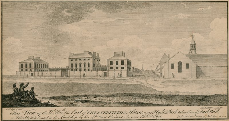 Uitzicht op het huis van de Right Hon de Graaf van Chesterfield nabij Hyde Park, genomen vanaf de Parkmuur door English School