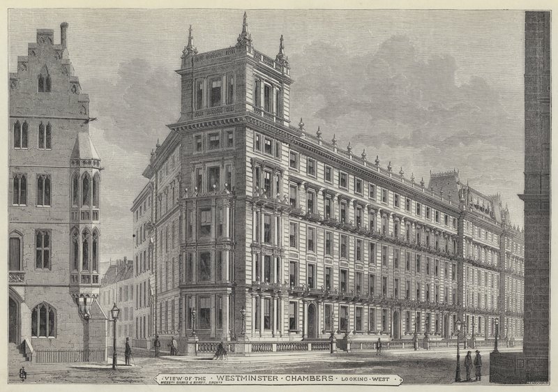 Uitzicht op de Westminster Chambers, kijkend naar het westen (gravure) door English School