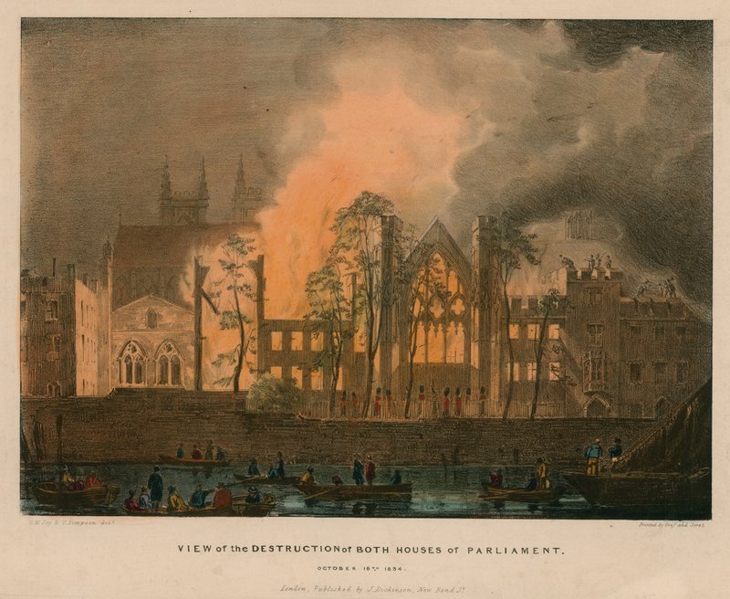 Uitzicht op de vernietiging van beide Huizen van het Parlement, 16 oktober 1834 door English School