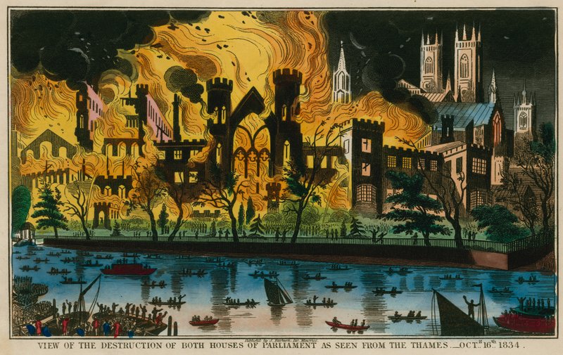 Uitzicht op de vernietiging van beide Huizen van het Parlement zoals gezien vanaf de Theems, 16 oktober 1834 door English School