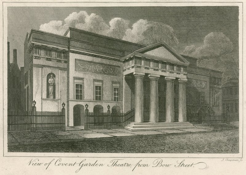 Uitzicht op de buitenkant van Covent Garden Theatre, Londen, vanaf Bow Street door English School