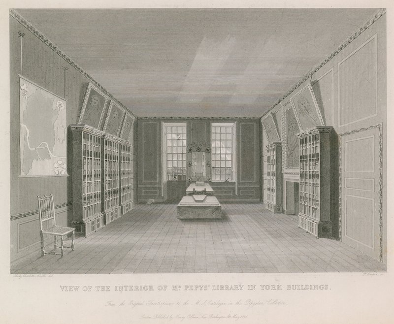 Uitzicht op het interieur van de bibliotheek van Mr. Pepys in York Building door English School