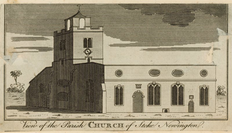 Uitzicht op de parochiekerk van Stoke Newington door English School